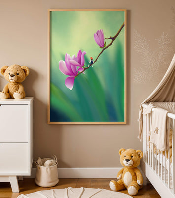 Serene illustration of magnolia flowers with a small figure in a hat