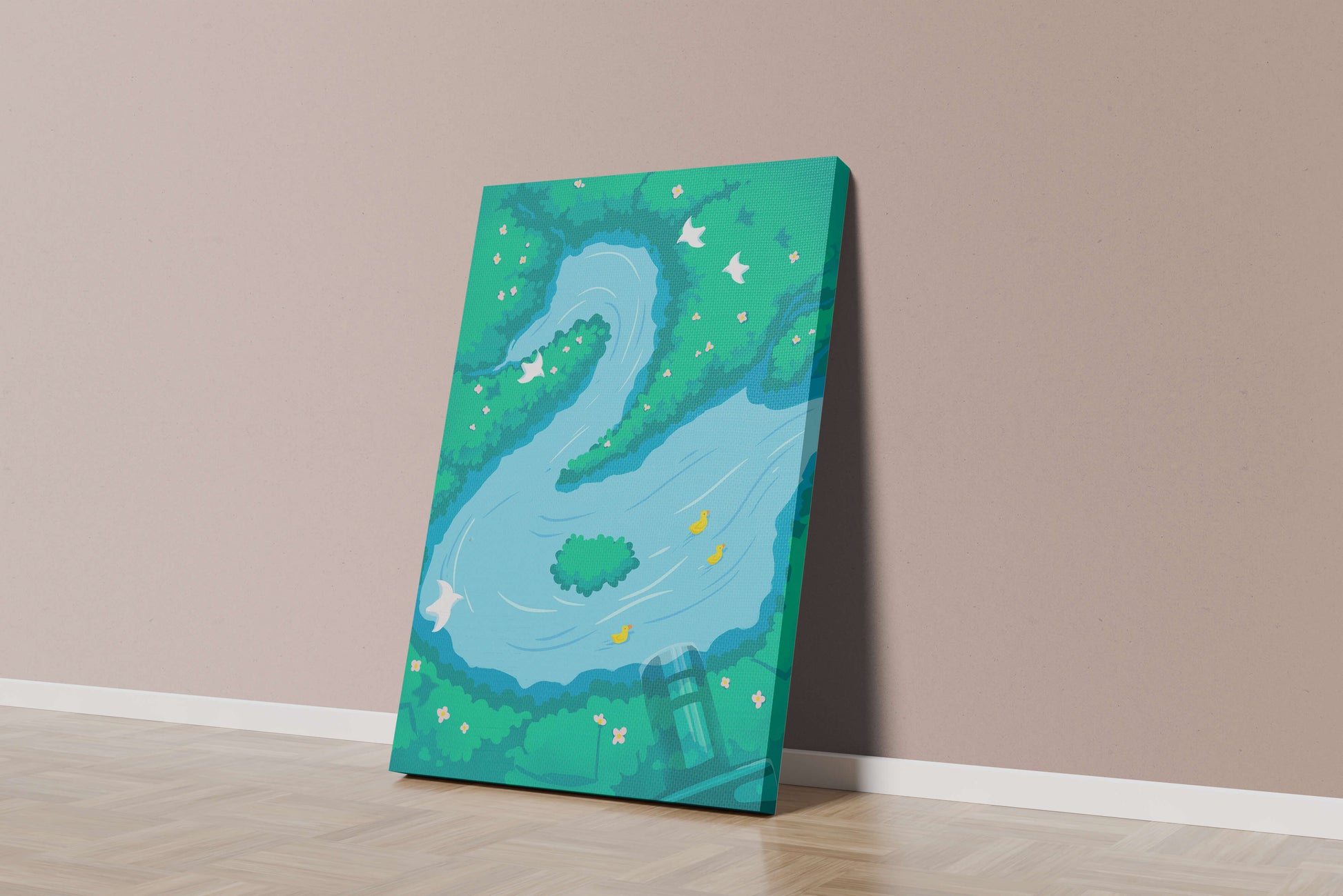 Río sereno con patos y aves en un paisaje exuberante