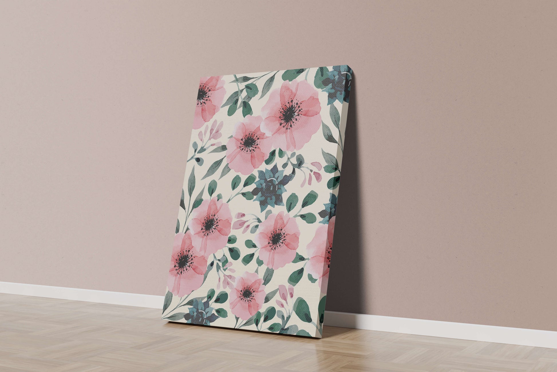 Floral Watercolor Pattern with Pink Flowers and Green Leaves
