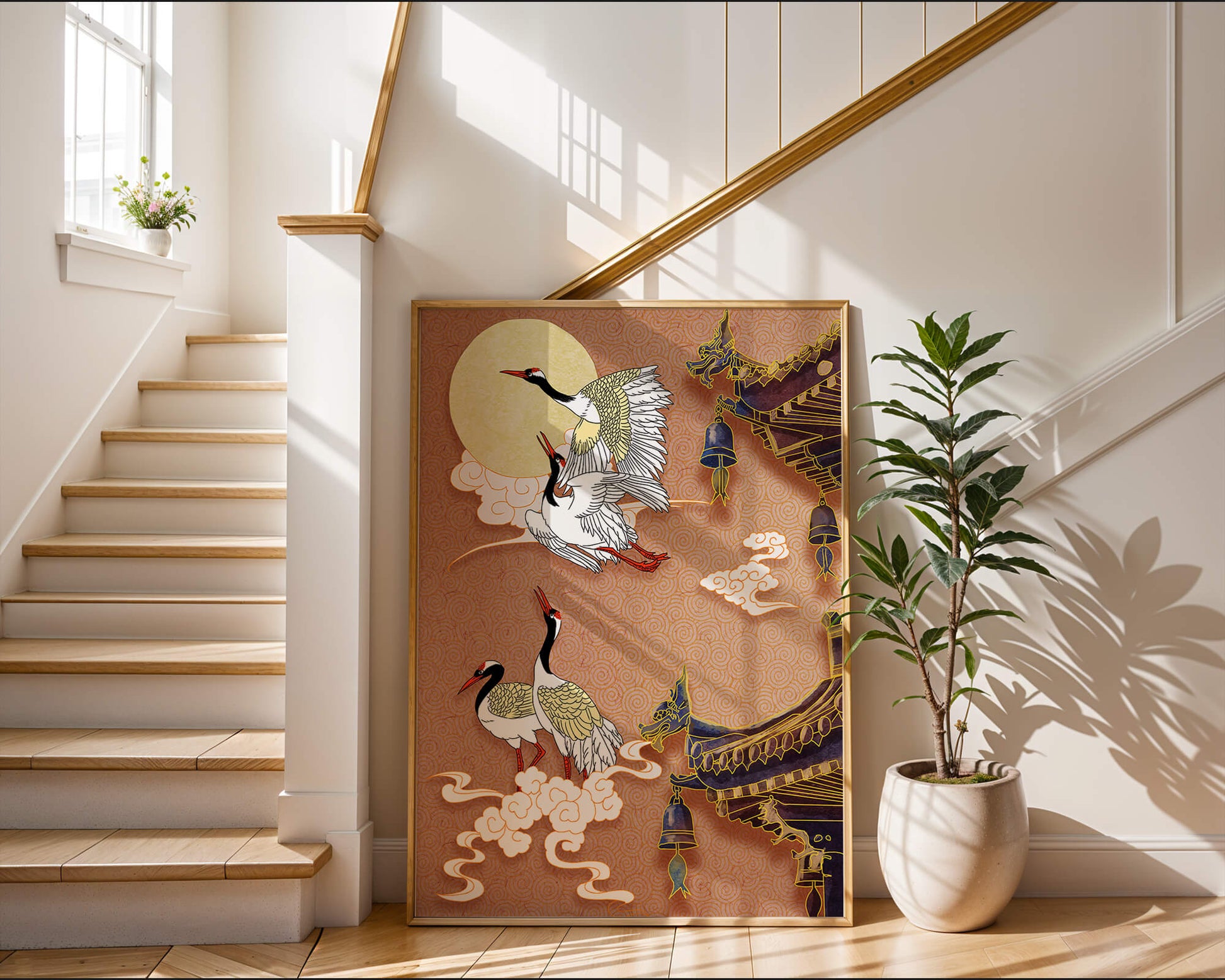 Oriental crane art with golden accents and architectural design