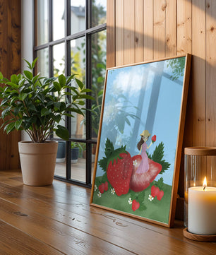 Ilustración encantadora de una niña en un campo de fresas