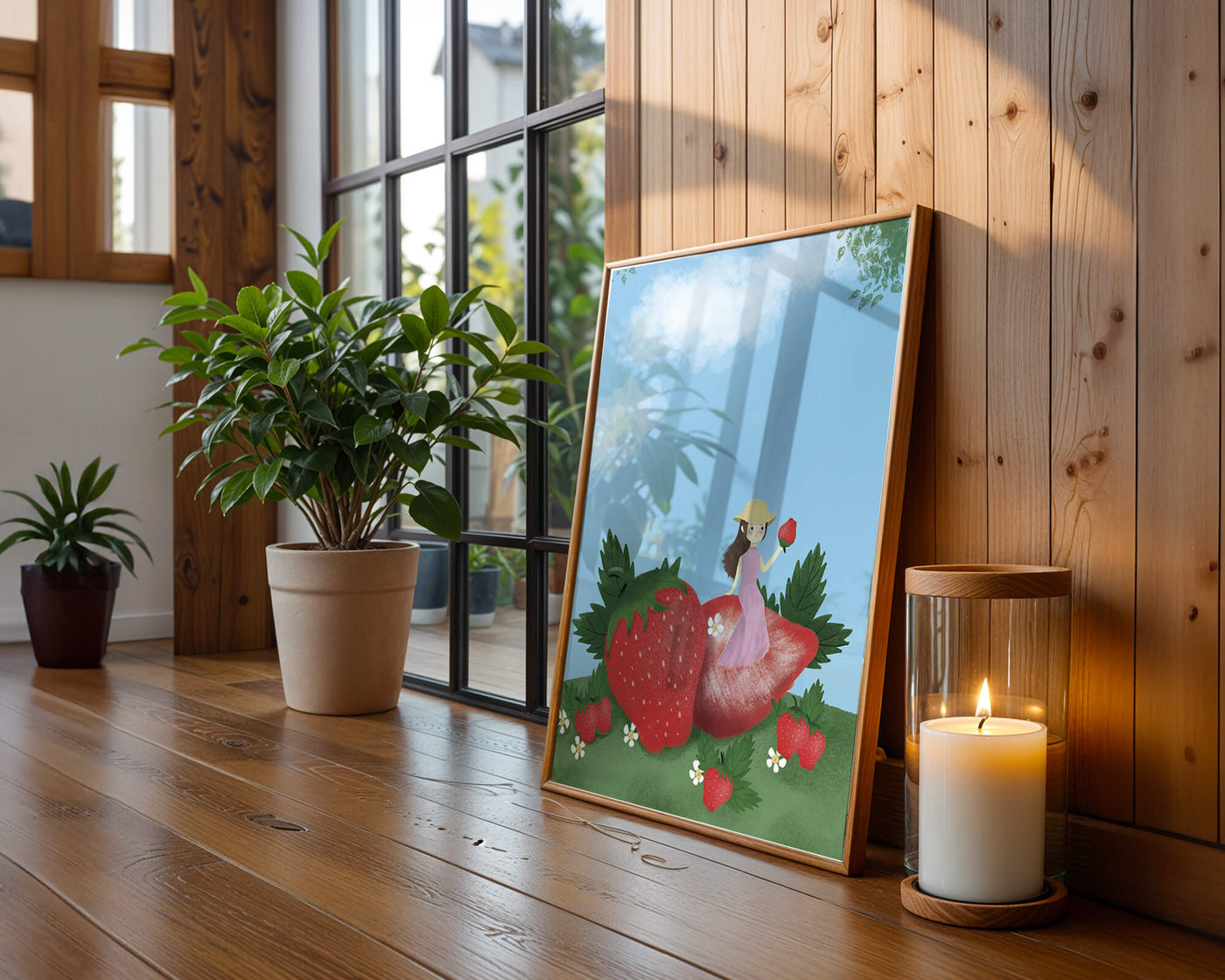 Charming illustration of a girl in a strawberry field
