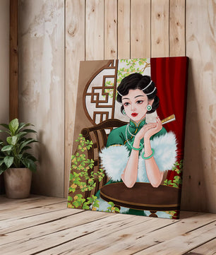 Elegant Woman in Traditional Asian Attire with Floral Background