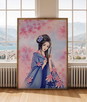 Ilustración elegante de una geisha con kimono azul y hojas rosadas
