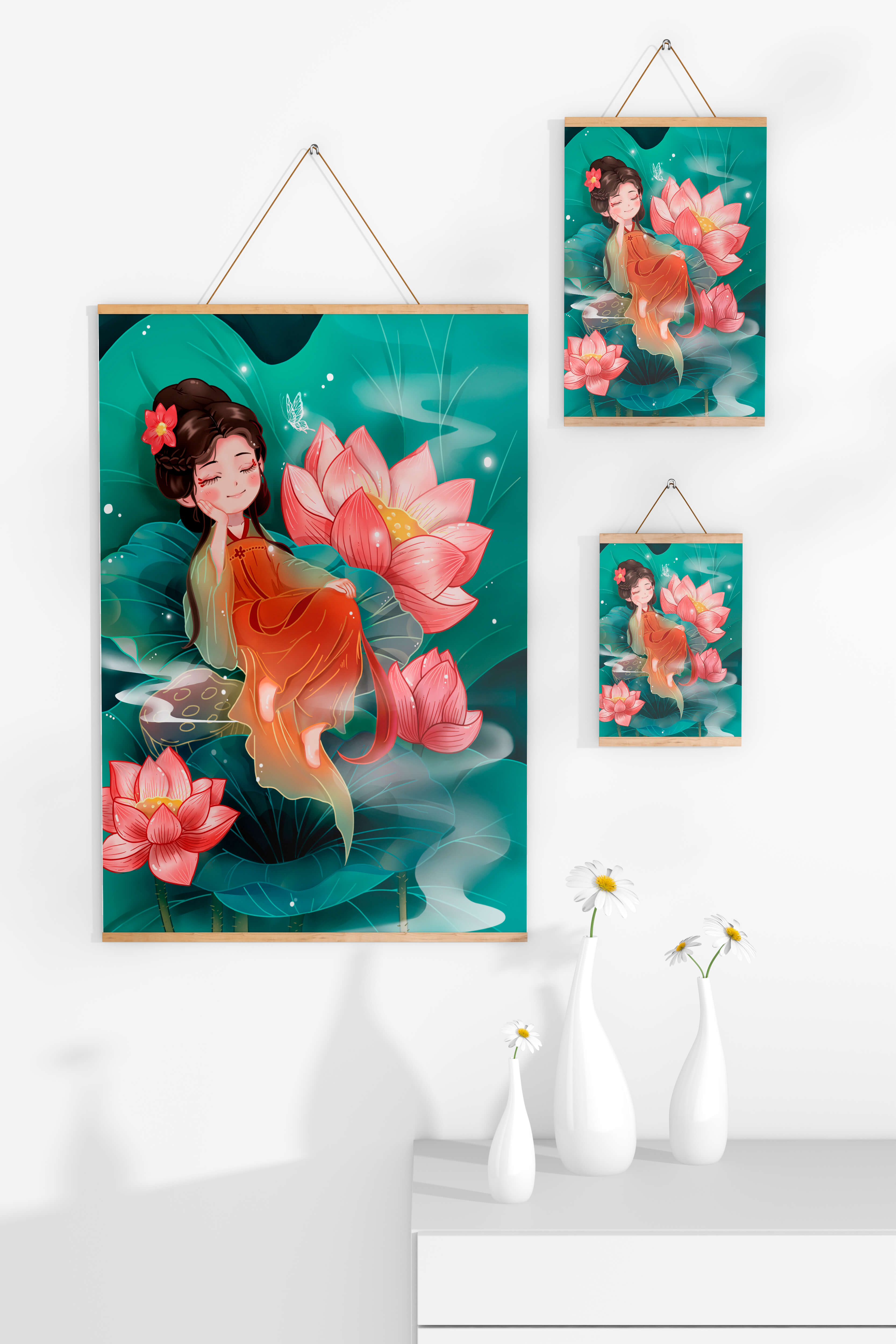 Charming illustration of a girl resting amidst lotus flowers