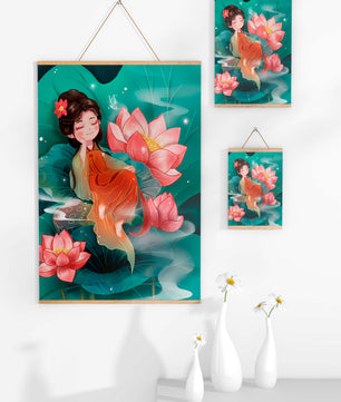 Charmante illustration d'une fille se reposant parmi des fleurs de lotus