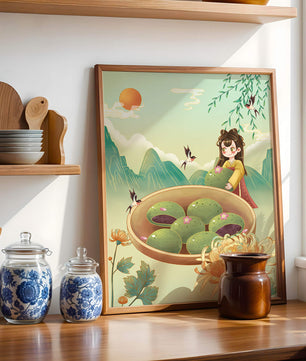 Charming Scene with Traditional Dress and Scenic Landscape Featuring Floral Elements and Birds