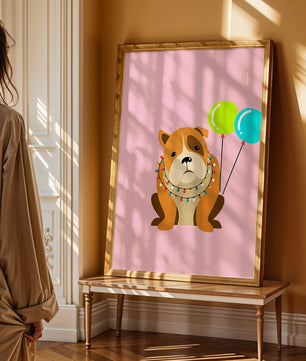 Perro de dibujos animados adorable con luces festivas y globos coloridos sobre fondo rosa