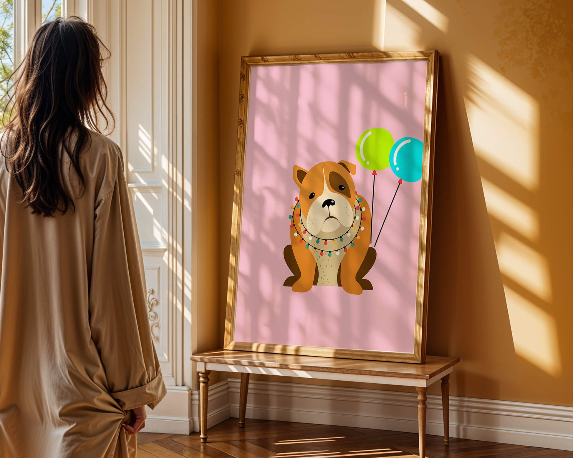 Perro de dibujos animados adorable con luces festivas y globos coloridos sobre fondo rosa