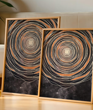 Espiral cósmica abstracta con patrones ovalados concéntricos y fondo estrellado