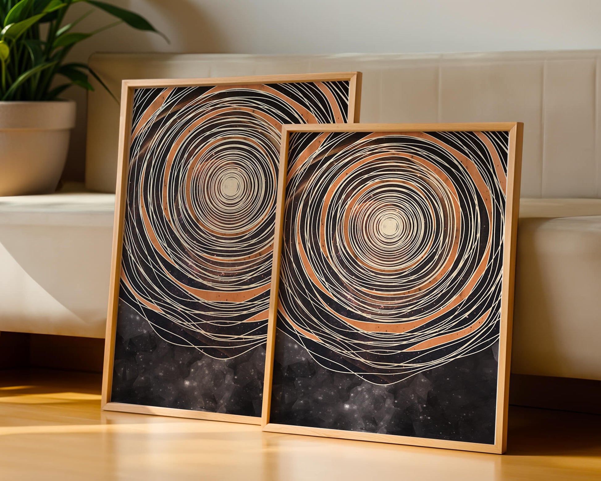 Abstract cosmic spiral with concentric oval patterns and starry background