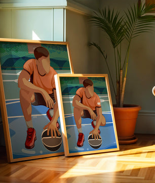 Ilustración de un jugador de baloncesto en la cancha en una pose dinámica