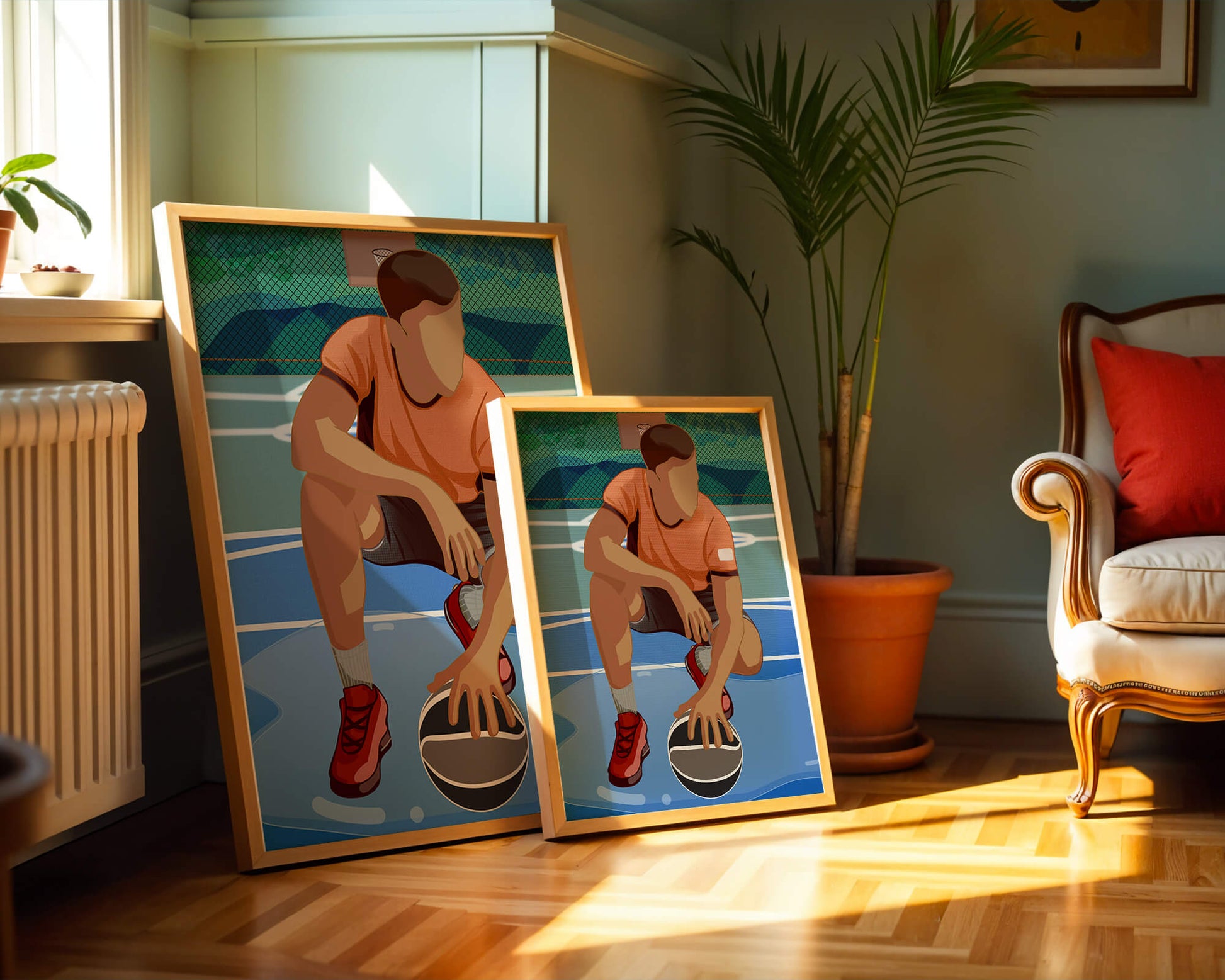 Illustration of a basketball player on a court in a dynamic pose