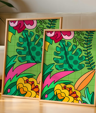 Colorful botanical illustration with vibrant tropical elements