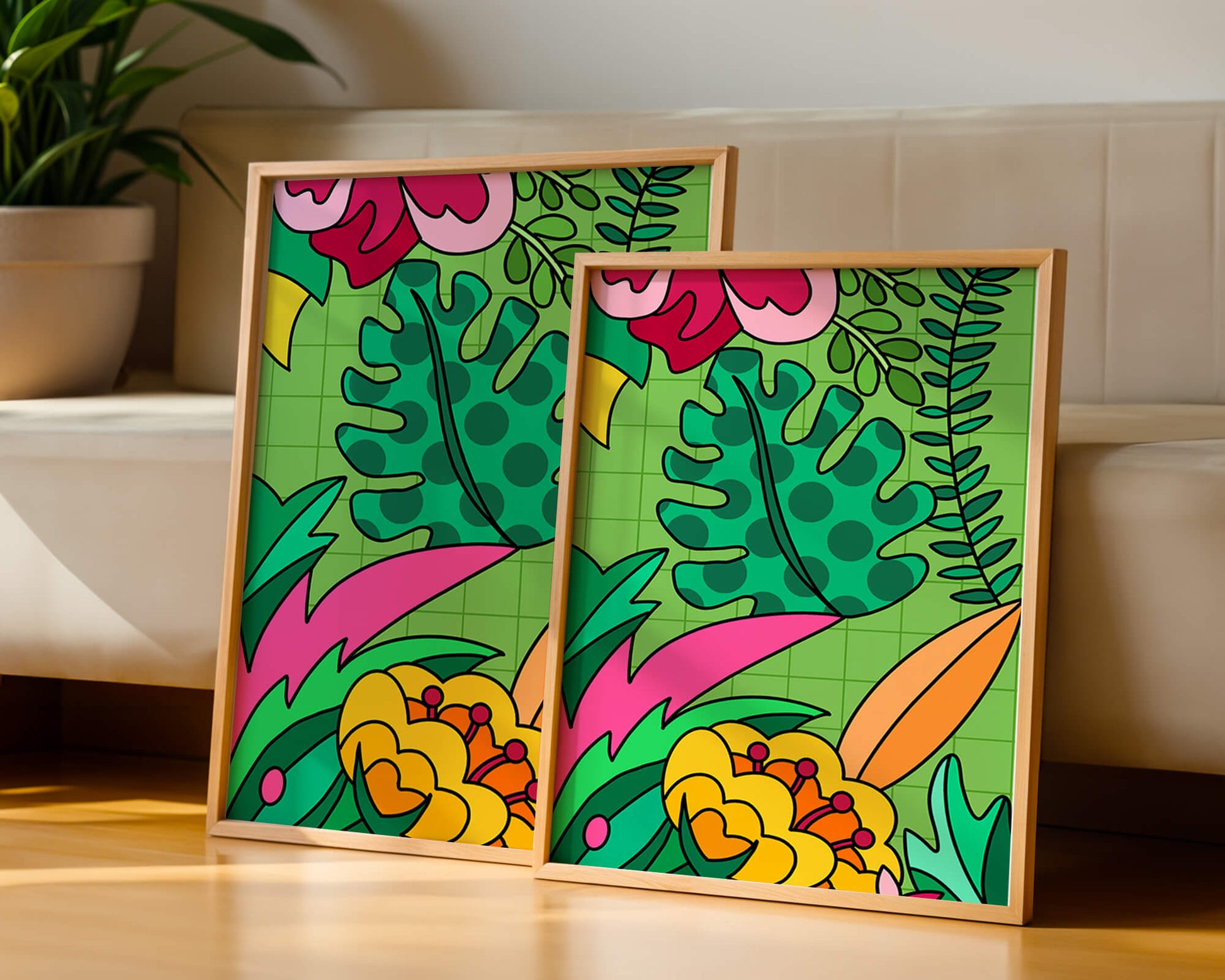 Colorful botanical illustration with vibrant tropical elements
