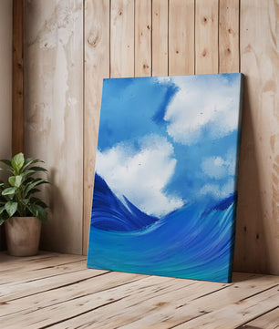 Olas oceánicas hermosas bajo un cielo nublado en una obra de arte