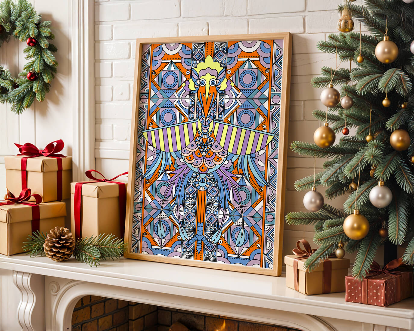 Arte geométrico de aves con patrones coloridos y detalles intrincados