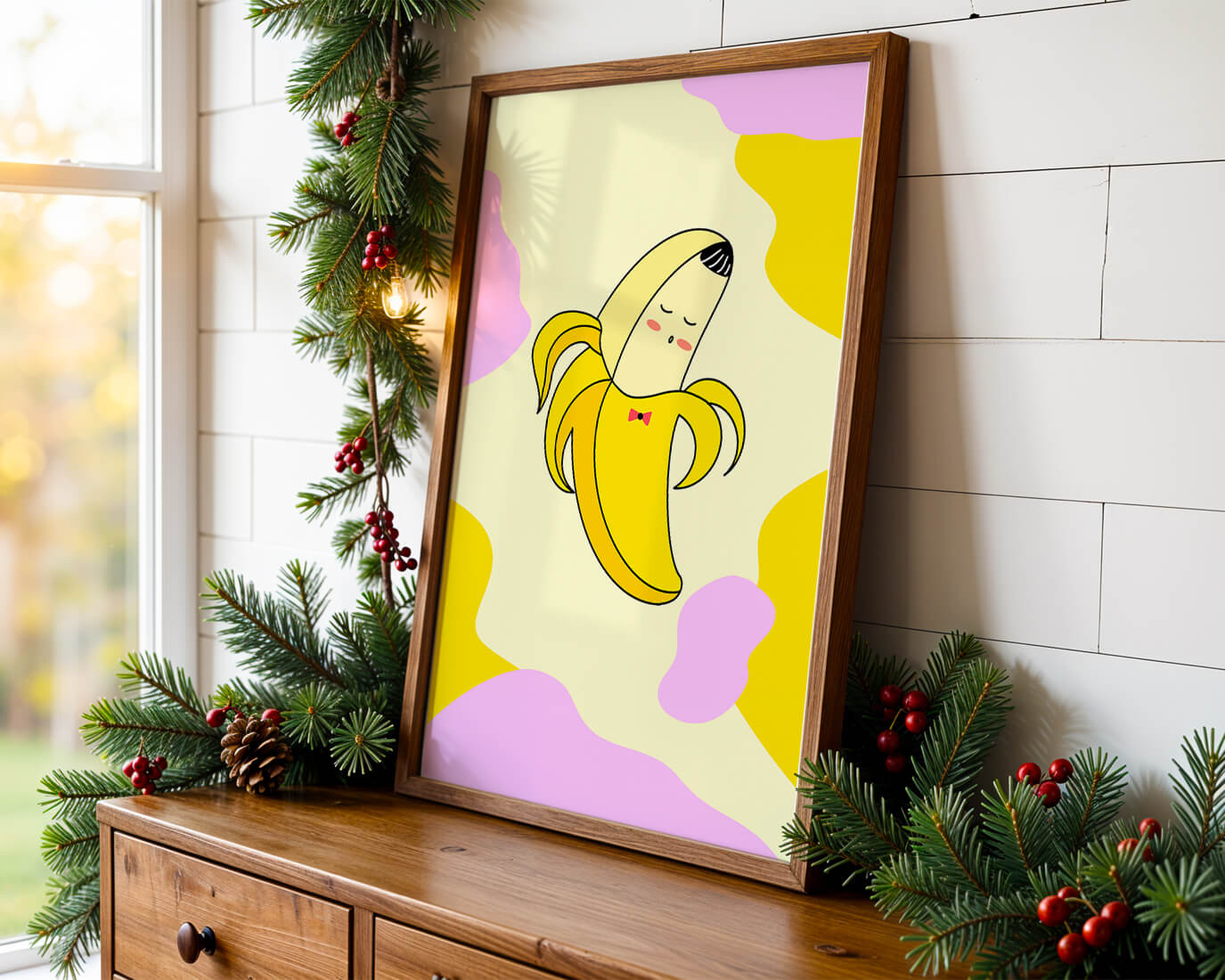 Quirky animated banana with bow tie on colorful abstract background