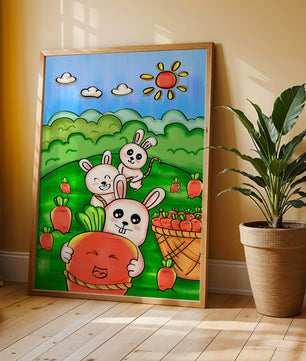 Illustration de lapins espiègles avec des carottes dans un champ ensoleillé