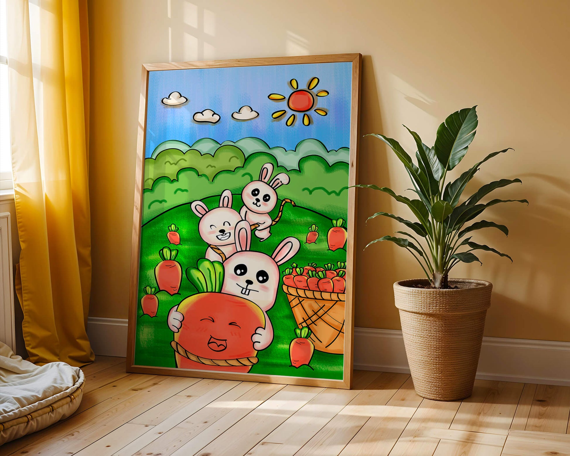 Illustration de lapins espiègles avec des carottes dans un champ ensoleillé