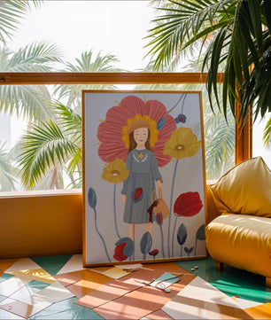 Fille dans un pays des merveilles fleuri avec des couleurs pastel et des fleurs vibrantes