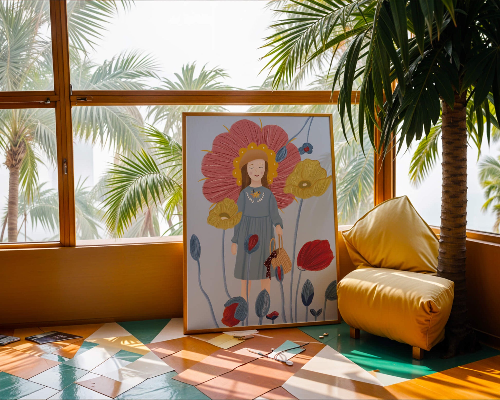 Fille dans un pays des merveilles fleuri avec des couleurs pastel et des fleurs vibrantes