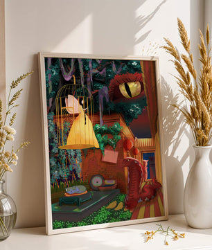 Jardín encantado con hada, serpiente y elementos misteriosos