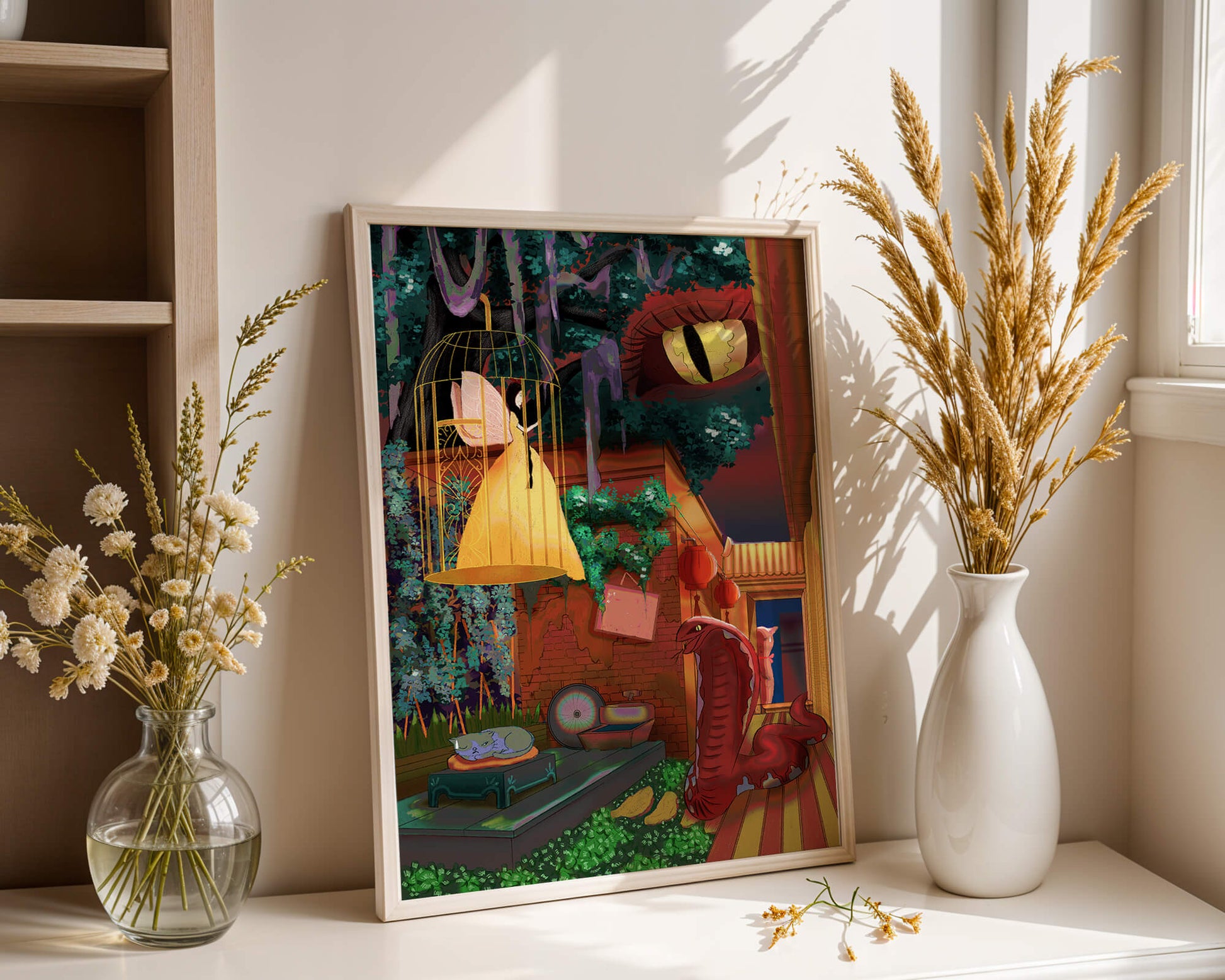 Enchanted garden with fairy, snake, and mysterious elements