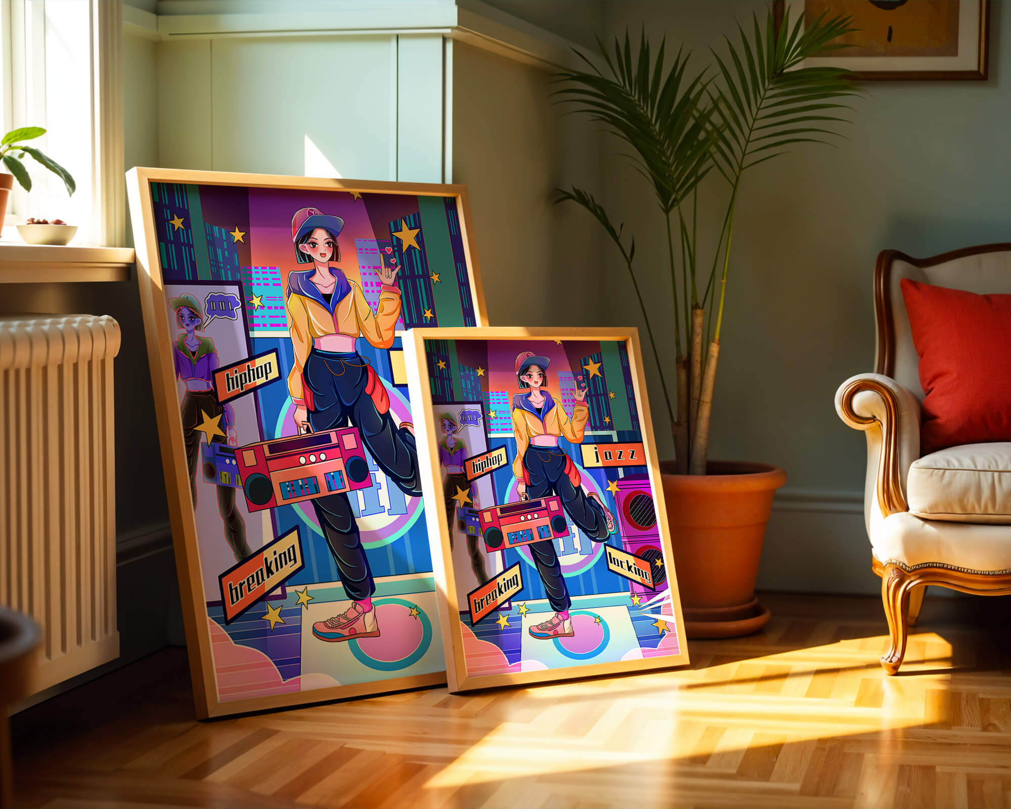 Colorful urban dance scene with hip hop and jazz elements