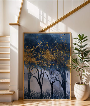 Mystical forest landscape with gold splatter art