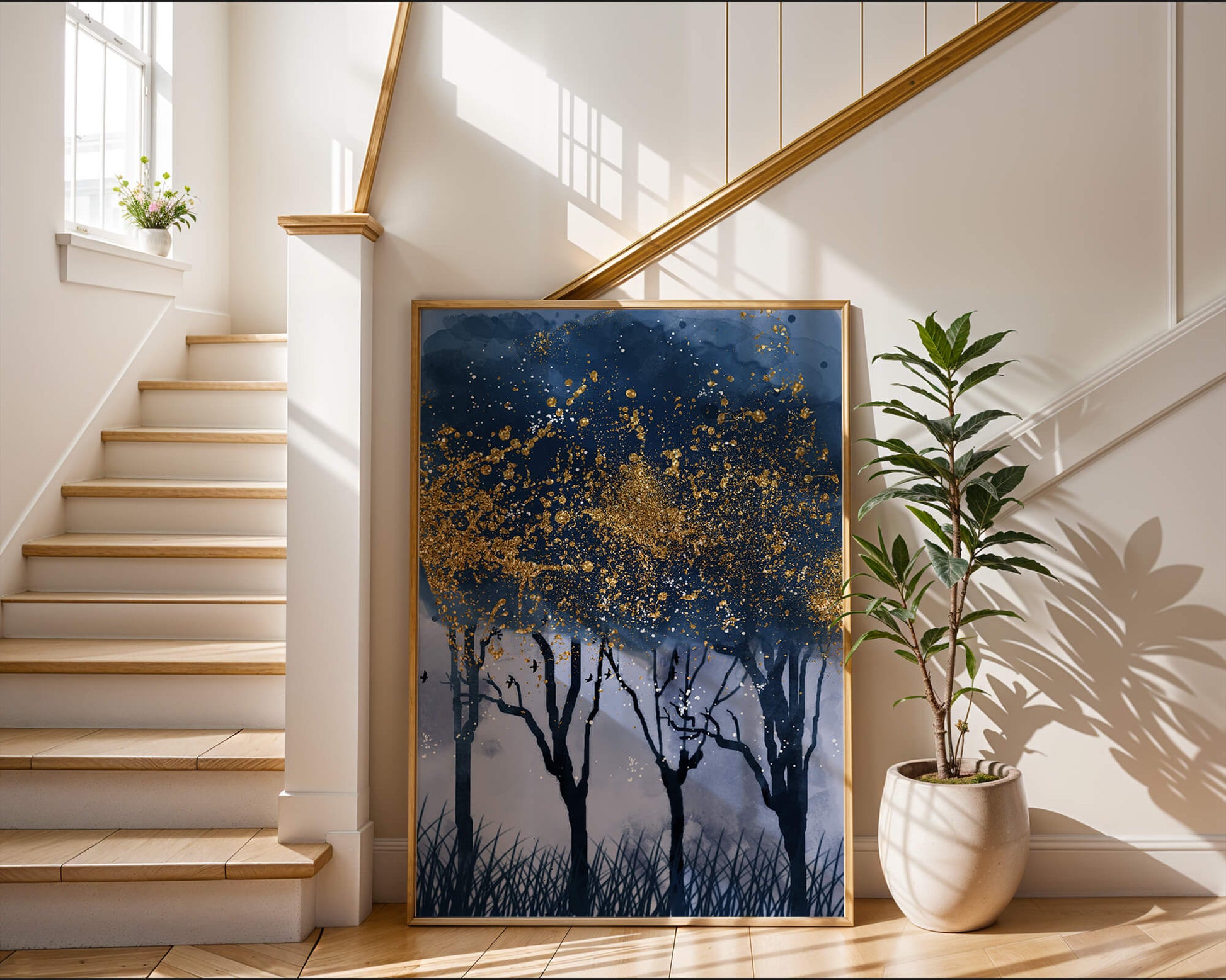Mystical forest landscape with gold splatter art
