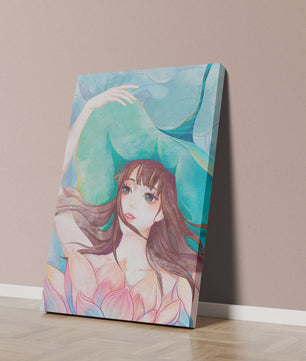 Serene water-inspired portrait of a woman with flowers