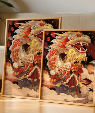 Personnage dynamique avec dragon et lanternes dans une œuvre d'art animée et vibrante