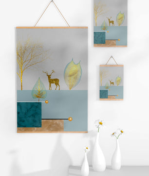 Abstrakte Komposition mit goldenem Hirsch und Blättern auf strukturiertem Hintergrund