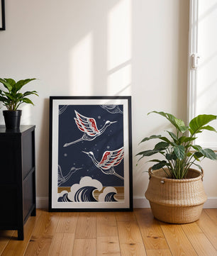 Illustrative cranes flying over ocean waves with dark background