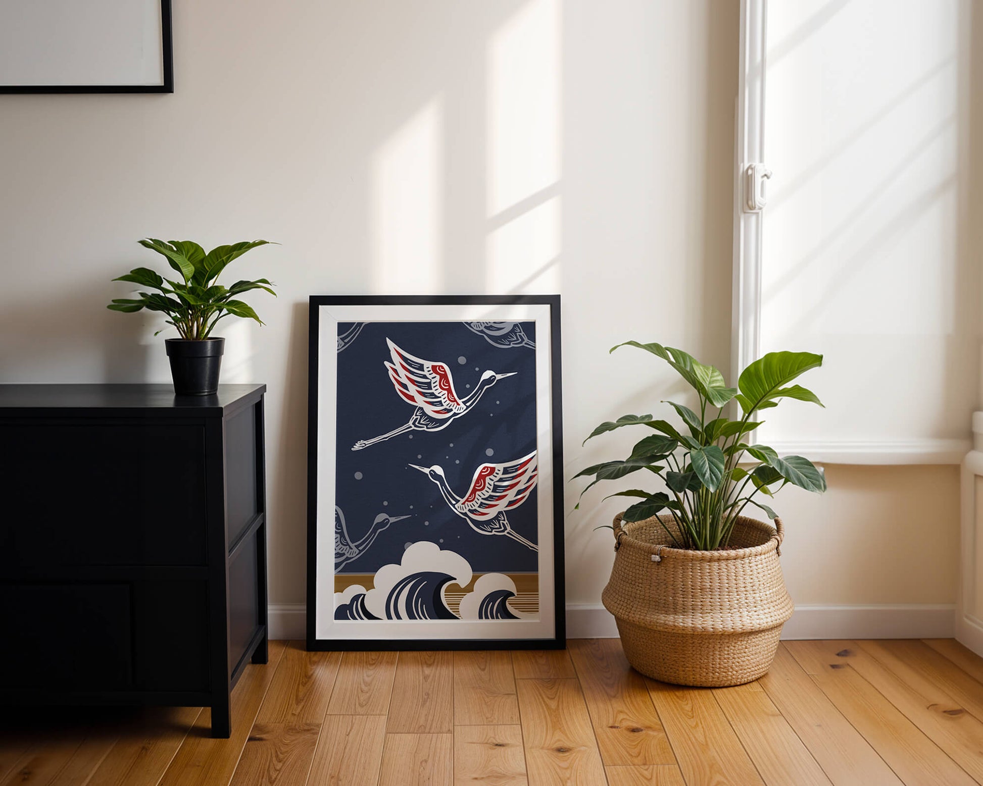 Illustrative cranes flying over ocean waves with dark background