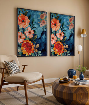 Vibrant floral watercolor design with orange blossoms and blue background