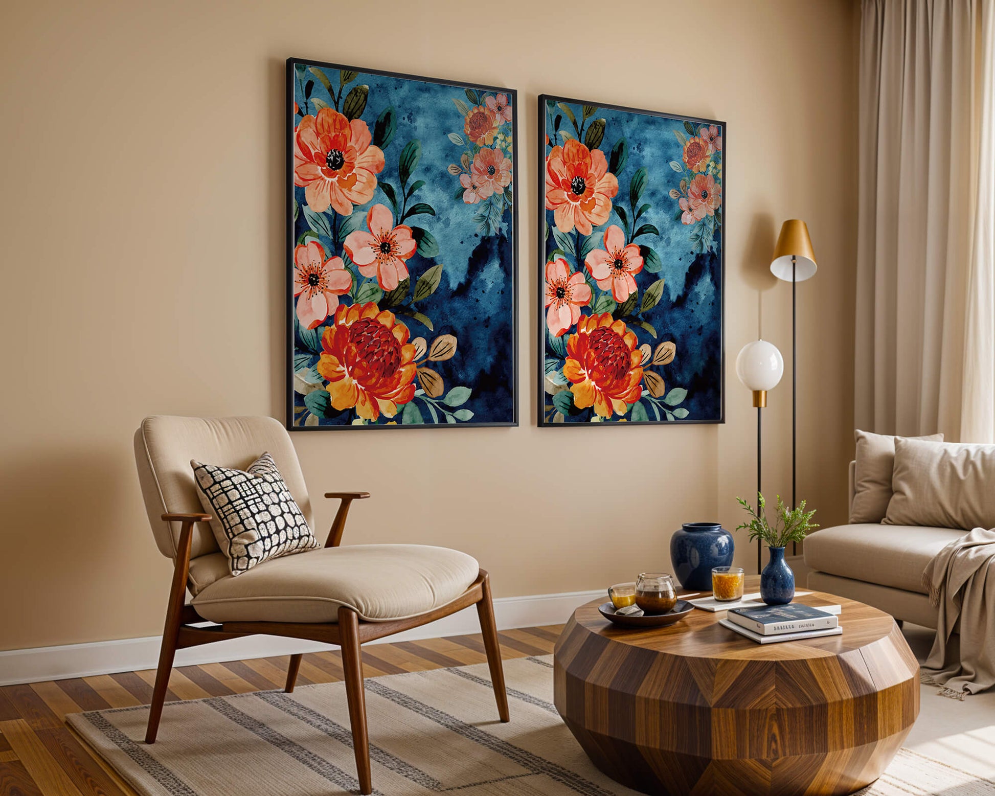 Vibrant floral watercolor design with orange blossoms and blue background