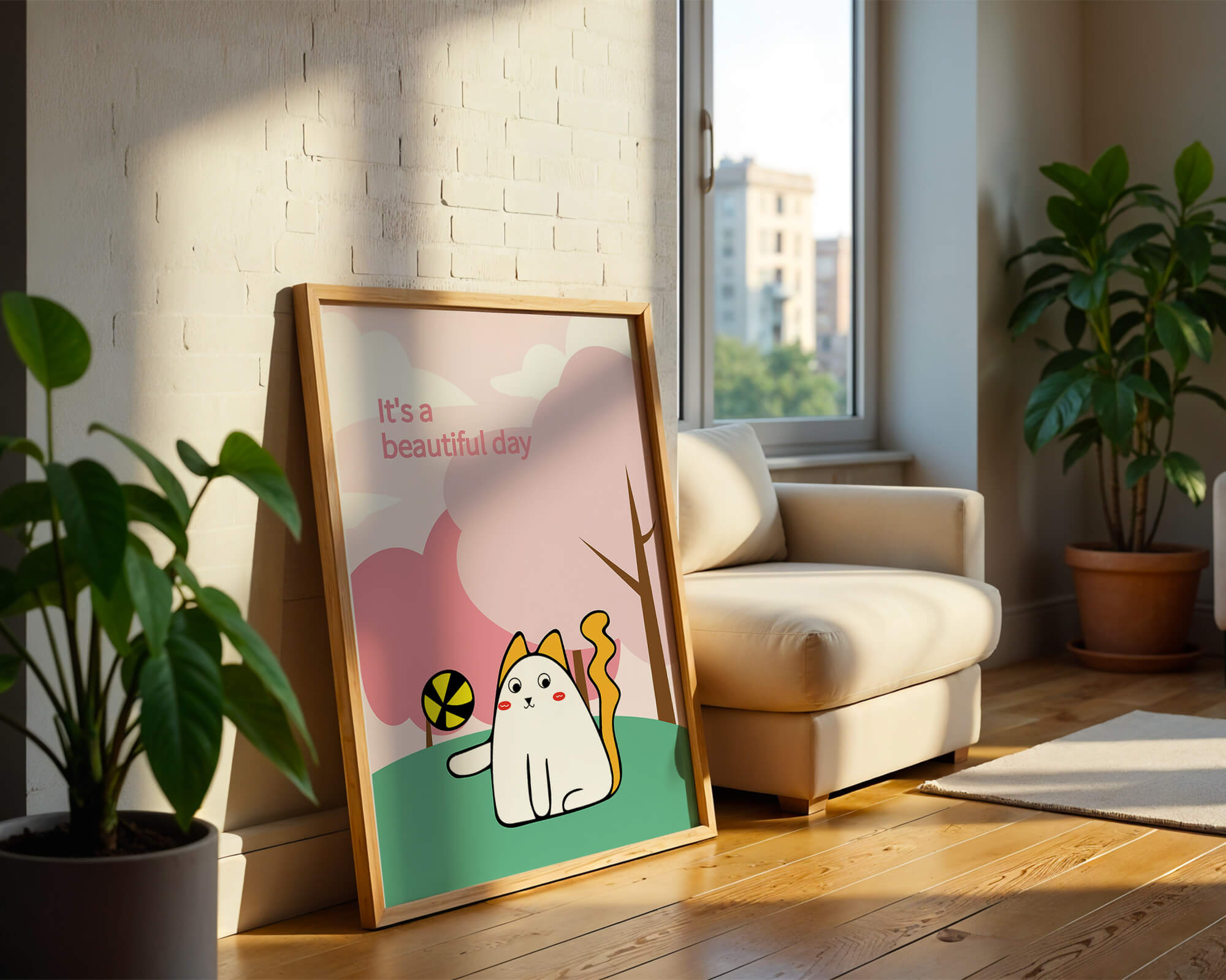 Charming cat illustration in a playful park scene with trees and clouds