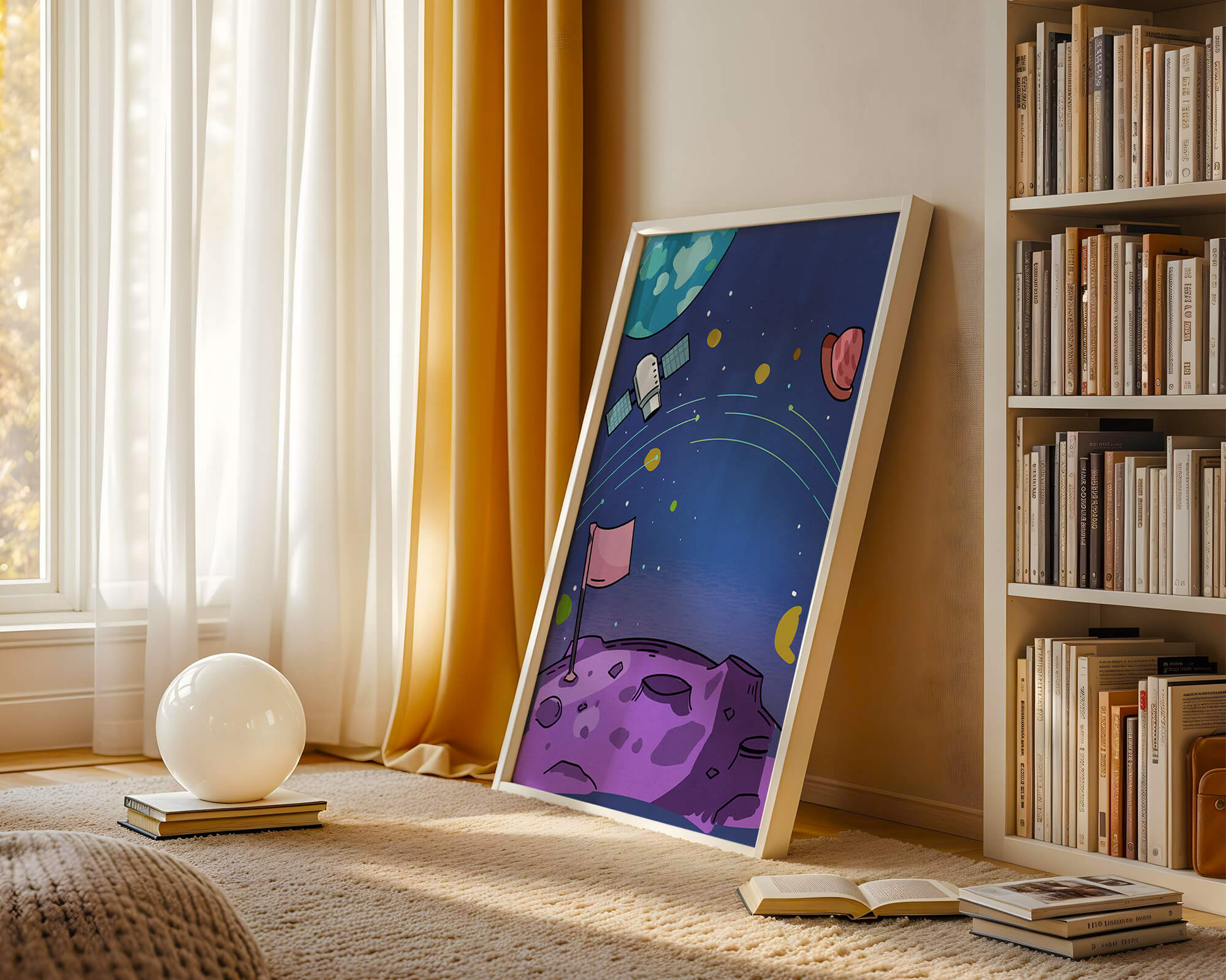 Illustration of outer space scene with planets and satellite