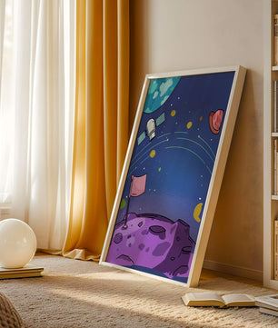 Illustration of outer space scene with planets and satellite
