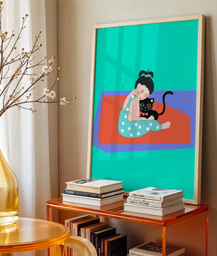 Gemütliche Illustration eines Mädchens, das eine Katze auf einer bunten Matte umarmt