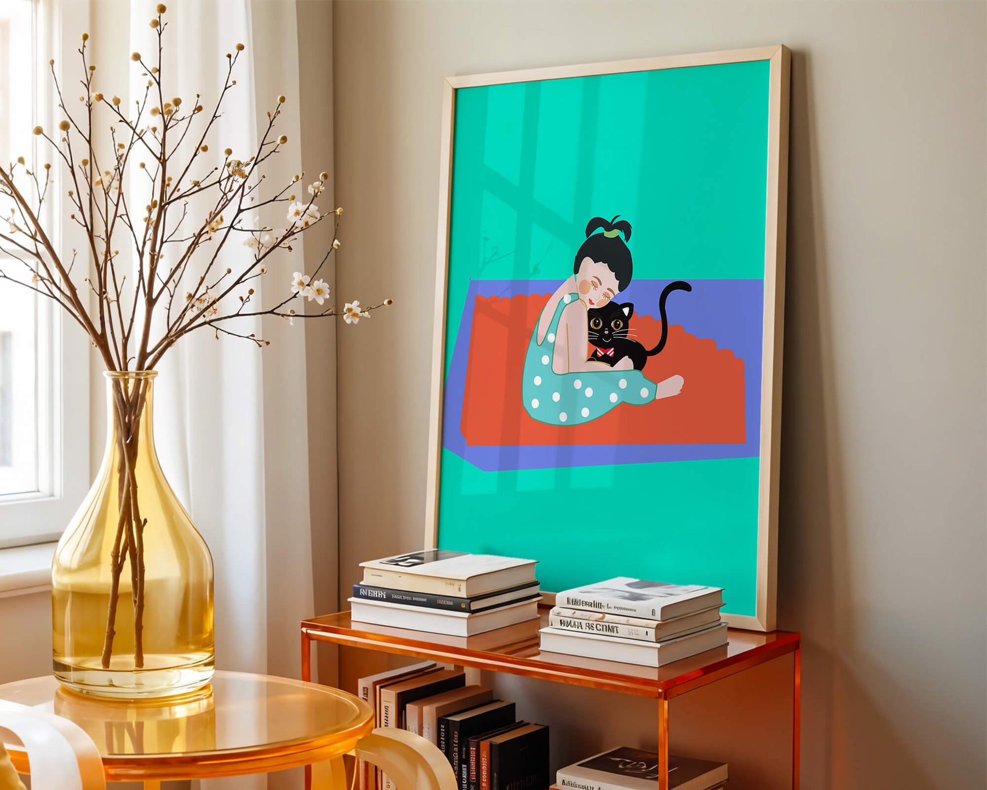Gemütliche Illustration eines Mädchens, das eine Katze auf einer bunten Matte umarmt