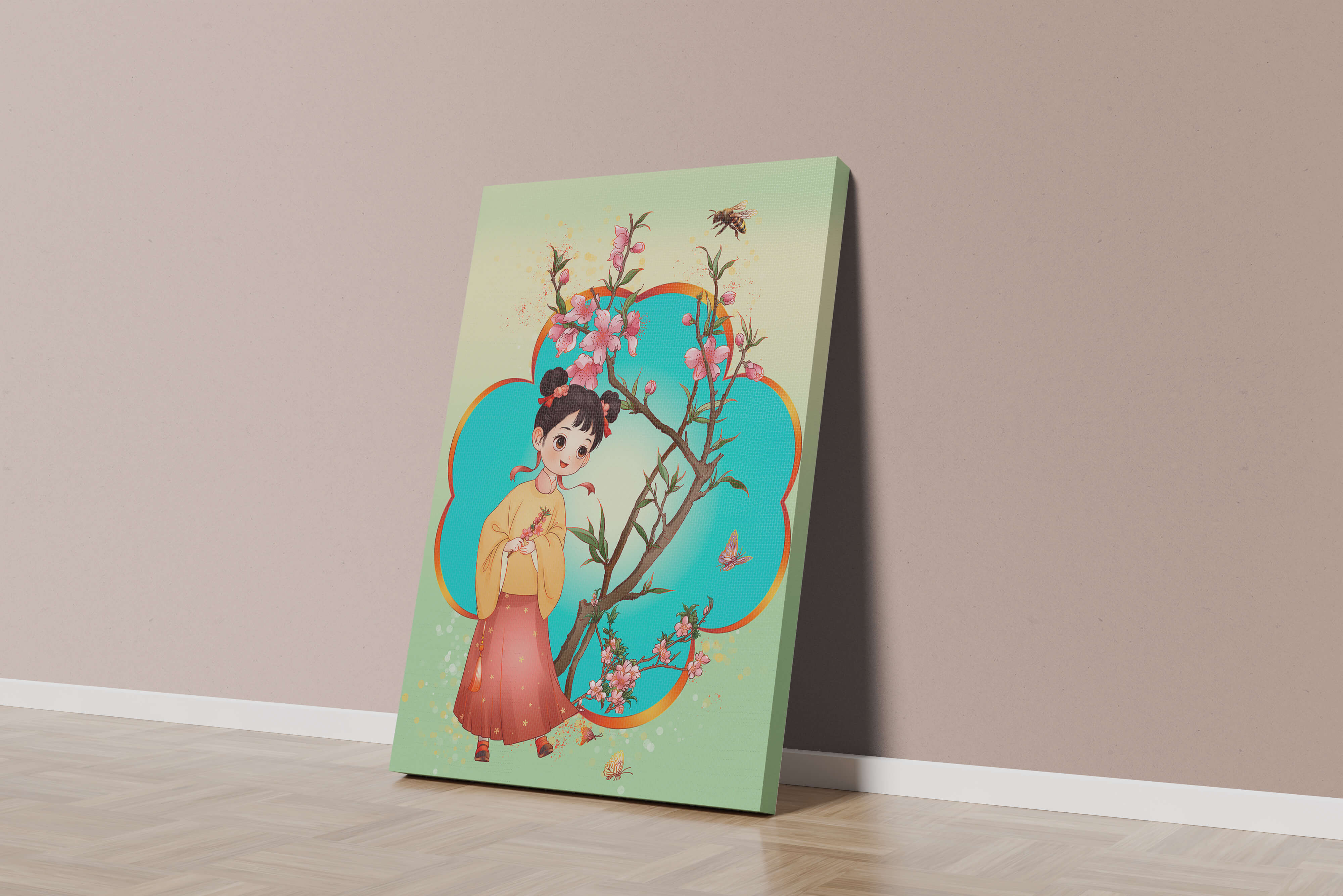 Illustration of a girl with cherry blossoms and butterflies