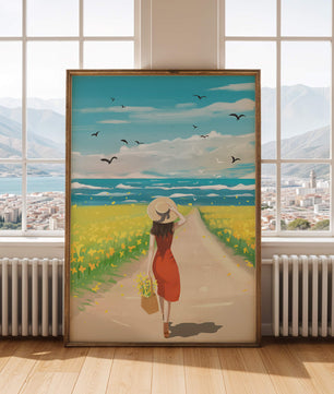 Mujer con vestido rojo caminando por el campo bajo un cielo azul claro