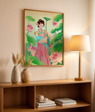 Traditional Asian woman in a garden surrounded by lotus flowers and green leaves