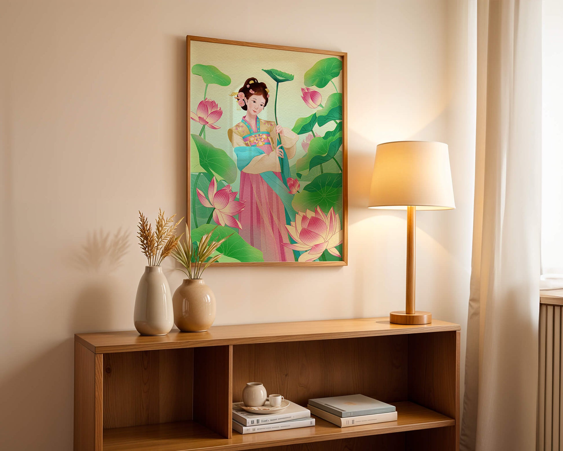 Traditional Asian woman in a garden surrounded by lotus flowers and green leaves