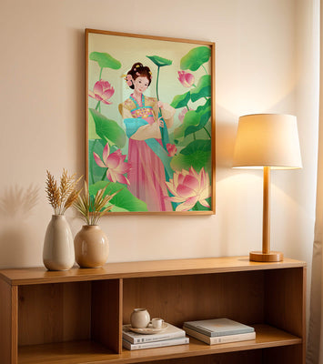 Traditional Asian woman in a garden surrounded by lotus flowers and green leaves