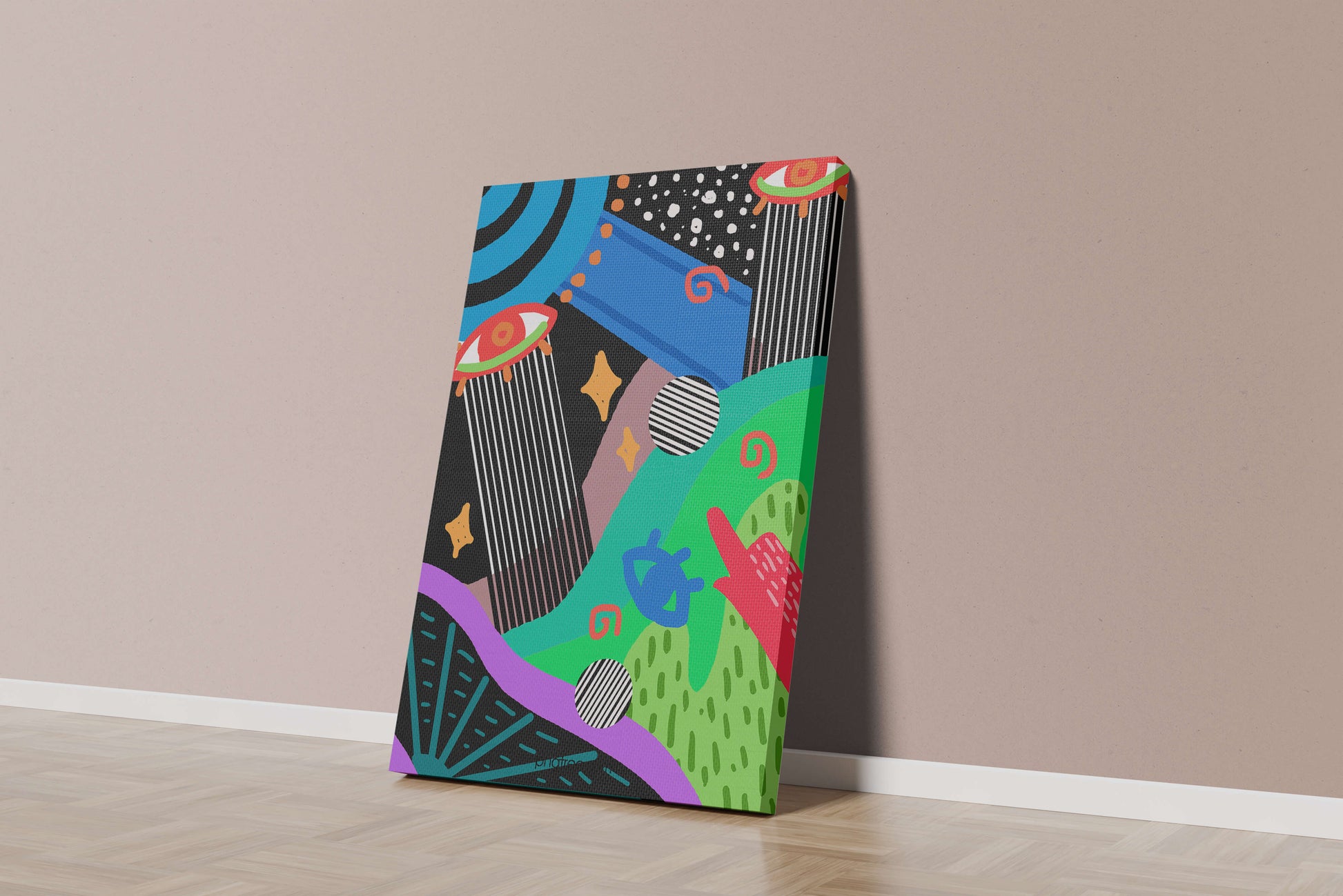 Œuvre d'art psychédélique abstraite colorée avec des formes géométriques et des yeux