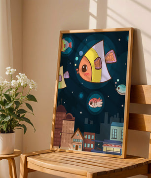 Poisson de dessin animé flottant au-dessus d'une ville nocturne avec des étoiles